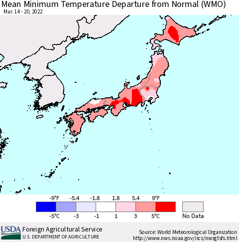 Japan Mean Minimum Temperature Departure from Normal (WMO) Thematic Map For 3/14/2022 - 3/20/2022