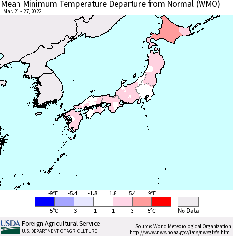 Japan Mean Minimum Temperature Departure from Normal (WMO) Thematic Map For 3/21/2022 - 3/27/2022