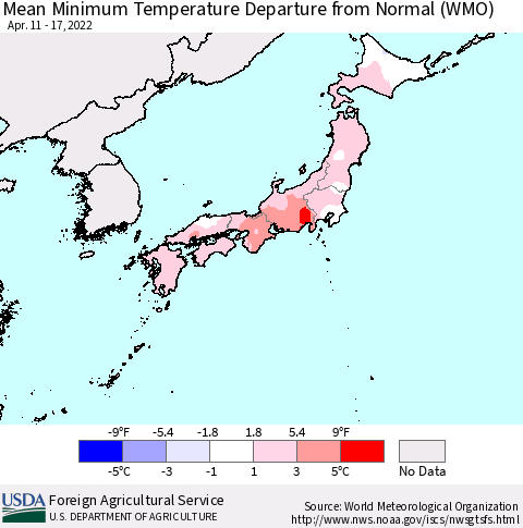 Japan Mean Minimum Temperature Departure from Normal (WMO) Thematic Map For 4/11/2022 - 4/17/2022
