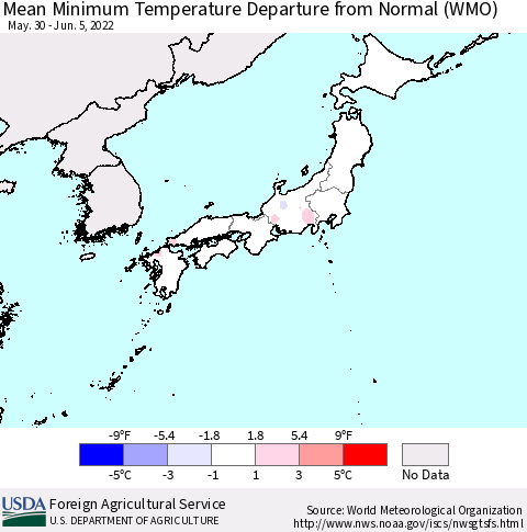 Japan Mean Minimum Temperature Departure from Normal (WMO) Thematic Map For 5/30/2022 - 6/5/2022