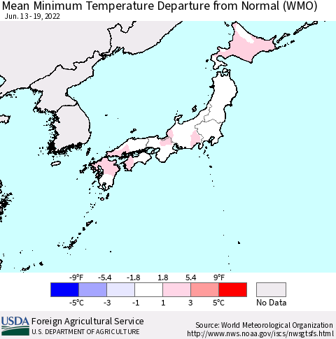 Japan Mean Minimum Temperature Departure from Normal (WMO) Thematic Map For 6/13/2022 - 6/19/2022