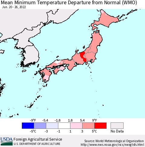 Japan Mean Minimum Temperature Departure from Normal (WMO) Thematic Map For 6/20/2022 - 6/26/2022
