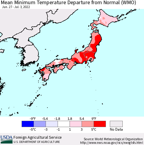 Japan Mean Minimum Temperature Departure from Normal (WMO) Thematic Map For 6/27/2022 - 7/3/2022