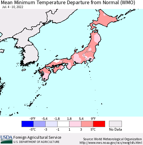 Japan Mean Minimum Temperature Departure from Normal (WMO) Thematic Map For 7/4/2022 - 7/10/2022