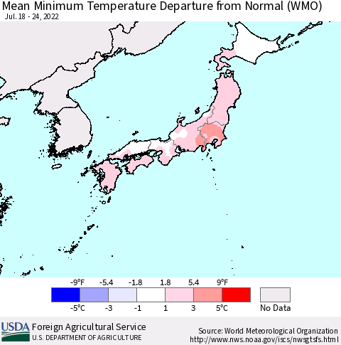 Japan Mean Minimum Temperature Departure from Normal (WMO) Thematic Map For 7/18/2022 - 7/24/2022