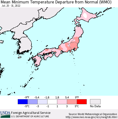 Japan Mean Minimum Temperature Departure from Normal (WMO) Thematic Map For 7/25/2022 - 7/31/2022