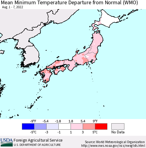 Japan Mean Minimum Temperature Departure from Normal (WMO) Thematic Map For 8/1/2022 - 8/7/2022