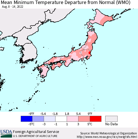 Japan Mean Minimum Temperature Departure from Normal (WMO) Thematic Map For 8/8/2022 - 8/14/2022