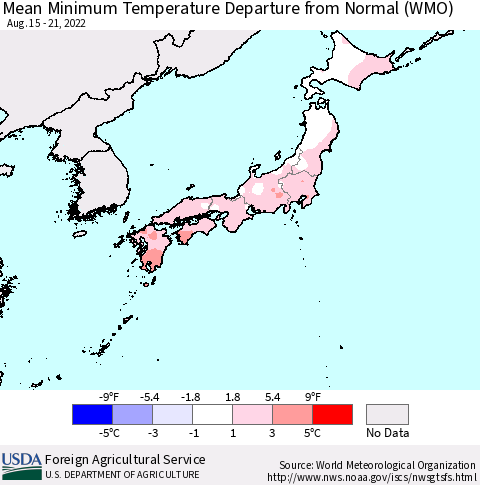Japan Mean Minimum Temperature Departure from Normal (WMO) Thematic Map For 8/15/2022 - 8/21/2022