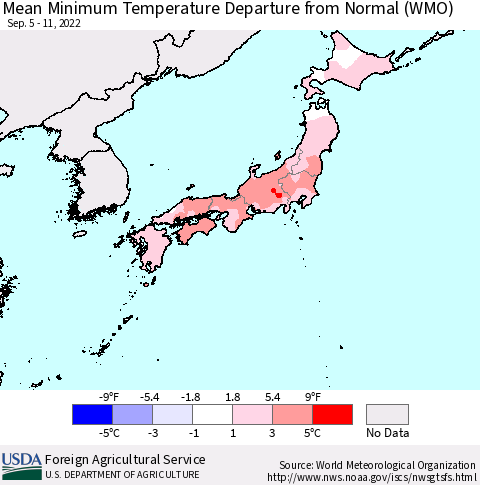 Japan Mean Minimum Temperature Departure from Normal (WMO) Thematic Map For 9/5/2022 - 9/11/2022