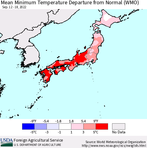 Japan Mean Minimum Temperature Departure from Normal (WMO) Thematic Map For 9/12/2022 - 9/18/2022