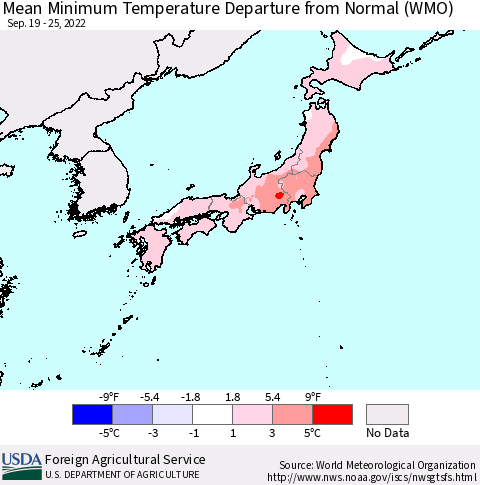 Japan Mean Minimum Temperature Departure from Normal (WMO) Thematic Map For 9/19/2022 - 9/25/2022