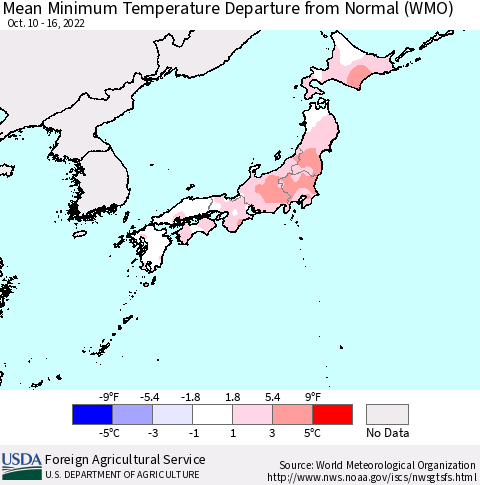 Japan Mean Minimum Temperature Departure from Normal (WMO) Thematic Map For 10/10/2022 - 10/16/2022