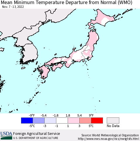 Japan Mean Minimum Temperature Departure from Normal (WMO) Thematic Map For 11/7/2022 - 11/13/2022