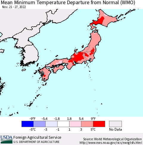 Japan Mean Minimum Temperature Departure from Normal (WMO) Thematic Map For 11/21/2022 - 11/27/2022