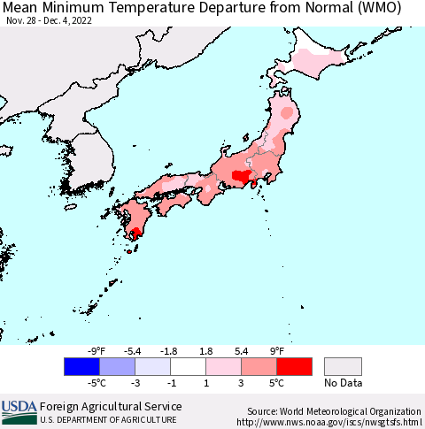Japan Mean Minimum Temperature Departure from Normal (WMO) Thematic Map For 11/28/2022 - 12/4/2022