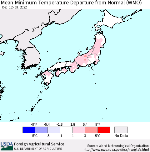 Japan Mean Minimum Temperature Departure from Normal (WMO) Thematic Map For 12/12/2022 - 12/18/2022