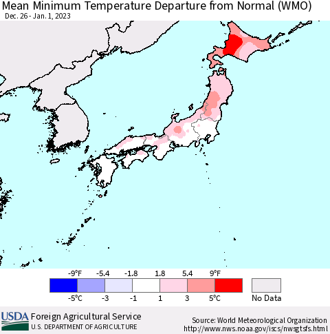 Japan Mean Minimum Temperature Departure from Normal (WMO) Thematic Map For 12/26/2022 - 1/1/2023