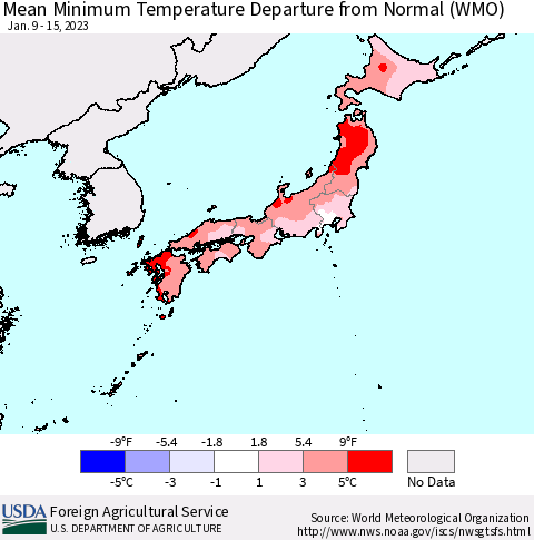 Japan Mean Minimum Temperature Departure from Normal (WMO) Thematic Map For 1/9/2023 - 1/15/2023