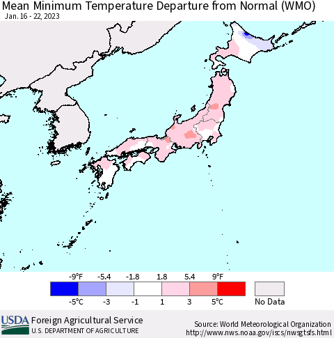 Japan Mean Minimum Temperature Departure from Normal (WMO) Thematic Map For 1/16/2023 - 1/22/2023