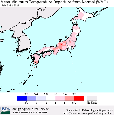 Japan Mean Minimum Temperature Departure from Normal (WMO) Thematic Map For 2/6/2023 - 2/12/2023