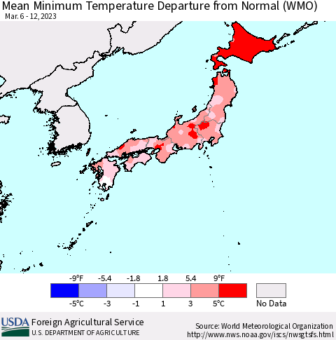 Japan Mean Minimum Temperature Departure from Normal (WMO) Thematic Map For 3/6/2023 - 3/12/2023