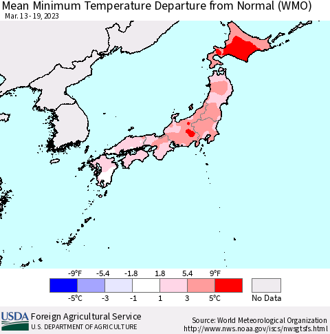 Japan Mean Minimum Temperature Departure from Normal (WMO) Thematic Map For 3/13/2023 - 3/19/2023