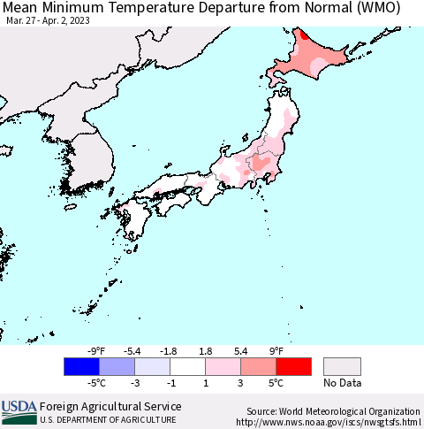 Japan Mean Minimum Temperature Departure from Normal (WMO) Thematic Map For 3/27/2023 - 4/2/2023