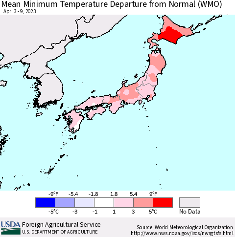 Japan Mean Minimum Temperature Departure from Normal (WMO) Thematic Map For 4/3/2023 - 4/9/2023