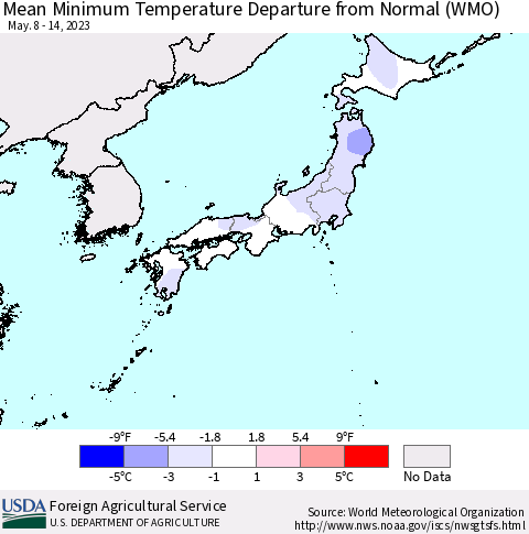Japan Mean Minimum Temperature Departure from Normal (WMO) Thematic Map For 5/8/2023 - 5/14/2023