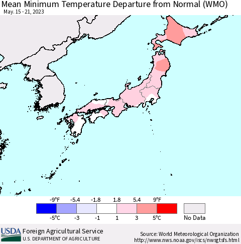 Japan Mean Minimum Temperature Departure from Normal (WMO) Thematic Map For 5/15/2023 - 5/21/2023