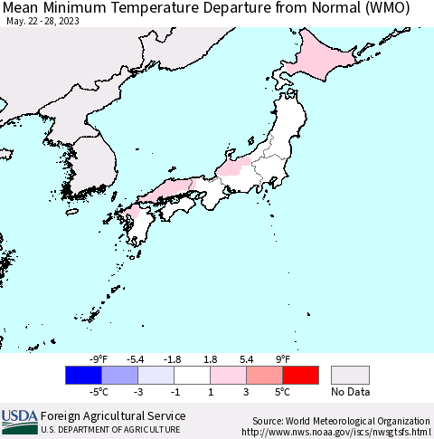 Japan Mean Minimum Temperature Departure from Normal (WMO) Thematic Map For 5/22/2023 - 5/28/2023
