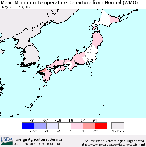 Japan Mean Minimum Temperature Departure from Normal (WMO) Thematic Map For 5/29/2023 - 6/4/2023