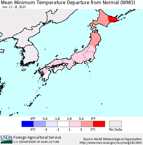 Japan Mean Minimum Temperature Departure from Normal (WMO) Thematic Map For 6/12/2023 - 6/18/2023