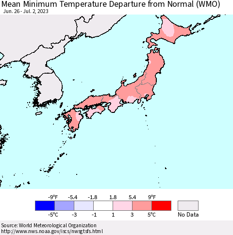 Japan Mean Minimum Temperature Departure from Normal (WMO) Thematic Map For 6/26/2023 - 7/2/2023
