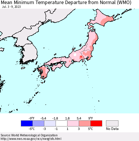 Japan Mean Minimum Temperature Departure from Normal (WMO) Thematic Map For 7/3/2023 - 7/9/2023