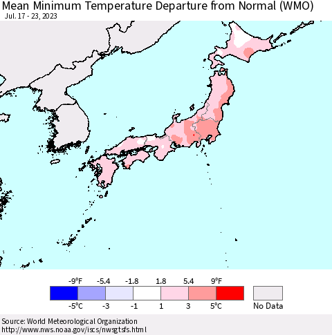 Japan Mean Minimum Temperature Departure from Normal (WMO) Thematic Map For 7/17/2023 - 7/23/2023