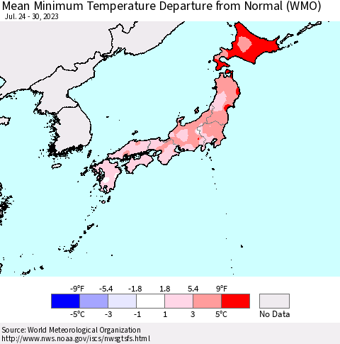 Japan Mean Minimum Temperature Departure from Normal (WMO) Thematic Map For 7/24/2023 - 7/30/2023