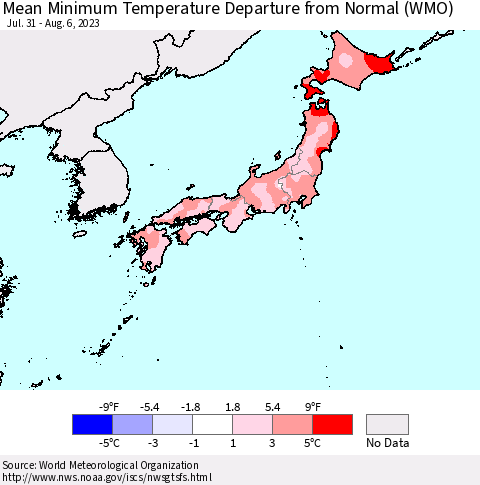 Japan Mean Minimum Temperature Departure from Normal (WMO) Thematic Map For 7/31/2023 - 8/6/2023