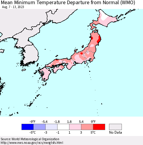 Japan Mean Minimum Temperature Departure from Normal (WMO) Thematic Map For 8/7/2023 - 8/13/2023