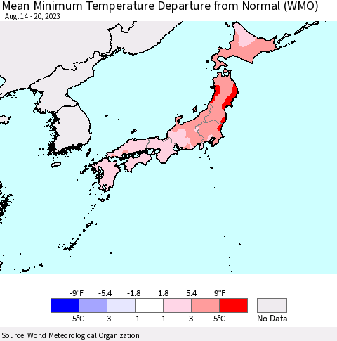 Japan Mean Minimum Temperature Departure from Normal (WMO) Thematic Map For 8/14/2023 - 8/20/2023
