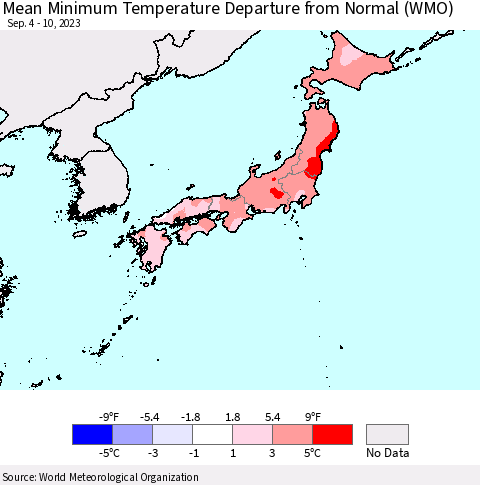 Japan Mean Minimum Temperature Departure from Normal (WMO) Thematic Map For 9/4/2023 - 9/10/2023