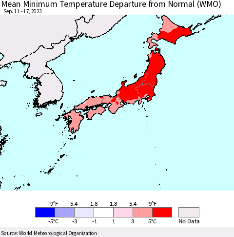 Japan Mean Minimum Temperature Departure from Normal (WMO) Thematic Map For 9/11/2023 - 9/17/2023