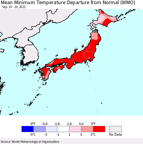 Japan Mean Minimum Temperature Departure from Normal (WMO) Thematic Map For 9/18/2023 - 9/24/2023