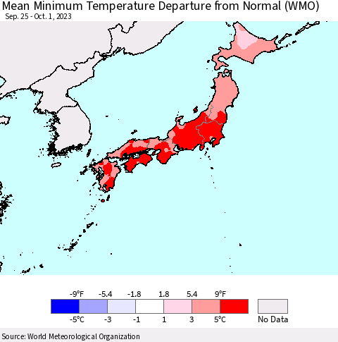 Japan Mean Minimum Temperature Departure from Normal (WMO) Thematic Map For 9/25/2023 - 10/1/2023