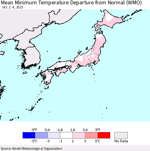 Japan Mean Minimum Temperature Departure from Normal (WMO) Thematic Map For 10/2/2023 - 10/8/2023