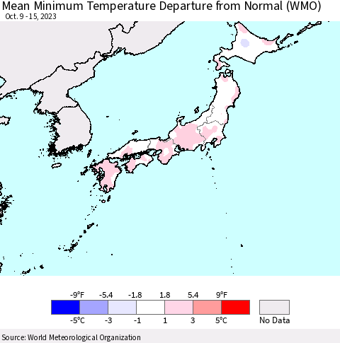 Japan Mean Minimum Temperature Departure from Normal (WMO) Thematic Map For 10/9/2023 - 10/15/2023