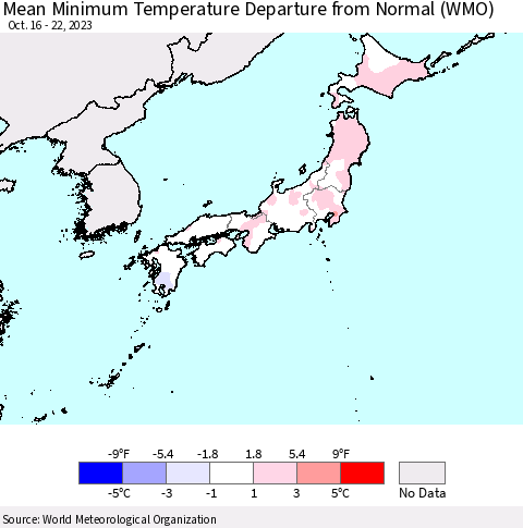 Japan Mean Minimum Temperature Departure from Normal (WMO) Thematic Map For 10/16/2023 - 10/22/2023