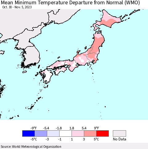 Japan Mean Minimum Temperature Departure from Normal (WMO) Thematic Map For 10/30/2023 - 11/5/2023
