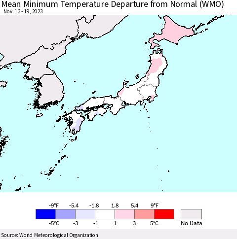 Japan Mean Minimum Temperature Departure from Normal (WMO) Thematic Map For 11/13/2023 - 11/19/2023
